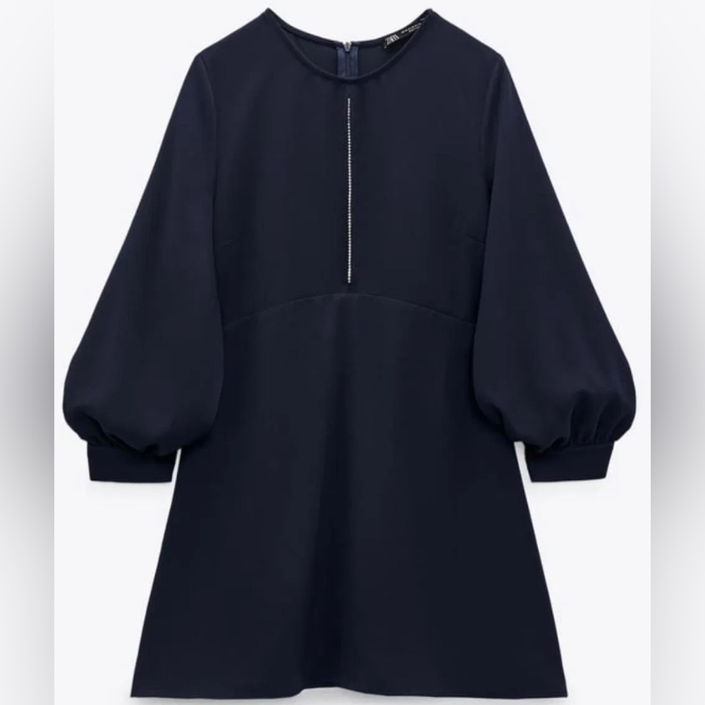 Zara Elegant Navy Blue Women's Dress with keyhole cutout & Rhinestones Size M - Picture 2 of 12